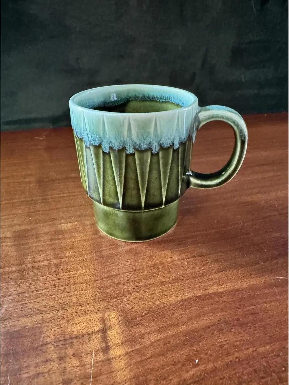 Two Vintage MCM Stacking Mugs Japan Green Drip Glaze Geometric Triangle